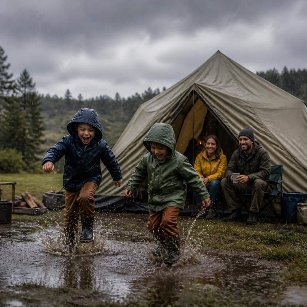 A family camping in the rain with tent people sheltering raindrops falling outdoor camping scene